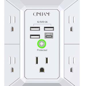 Wall Charger, Surge Protector, QINLIANF 5 Outlet Extender with 4 USB Charging Ports, 3-Sided 1680J Power Strip Multi Plug Adapter Spaced for Home Travel Office