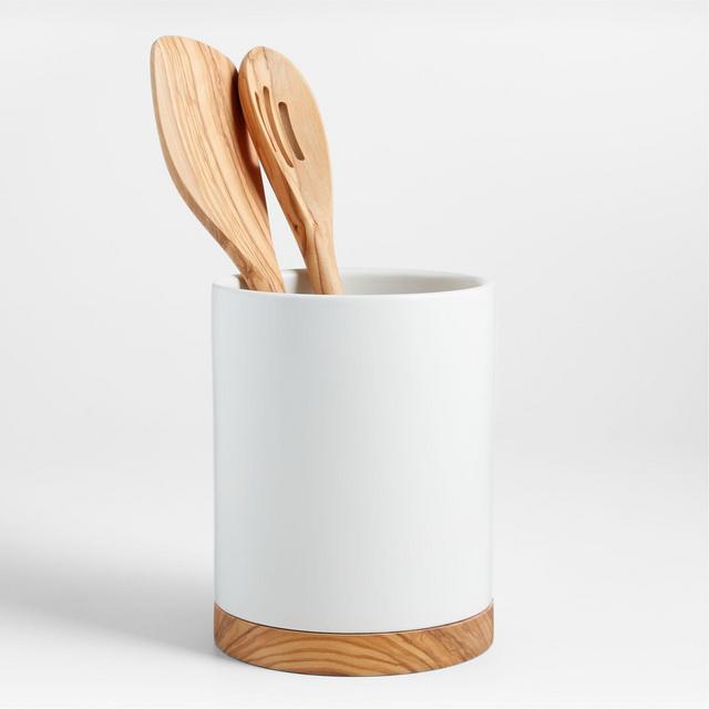 Olivewood and Matte Ceramic Utensil Holder