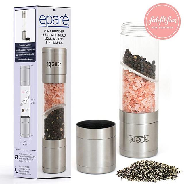 Eparé 2 in 1 Salt & Pepper Grinder - Dual Mill Grinders - Space Saver Combo Mills Set - Stainless Steel & Acrylic Case