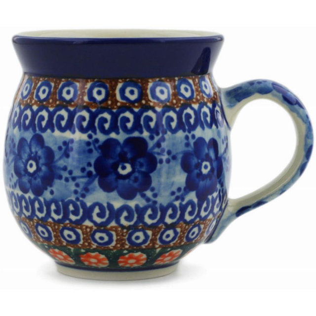 Polmedia Polish Pottery Bubble Mug 12 oz UNIKAT - Dancing Blue Poppies Pattern Handmade in Boleslawiec Poland by Ceramika Artystyczna + Certificate of Authenticity