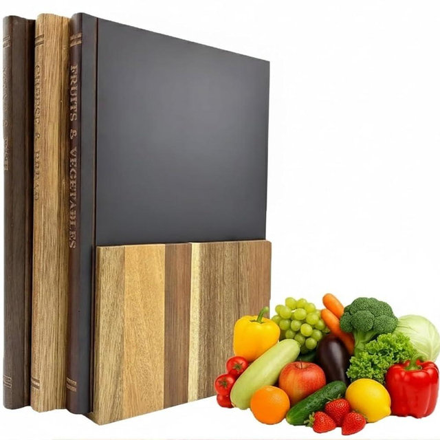 Wooden Book Cutting Board Set with Stand for Kitchen, Cutting Board Books Cuttings Boards That Look Like Books 4 Piece Acacia Wood Chopping Boards, Natural Finish, for Labeled Meat Bread
