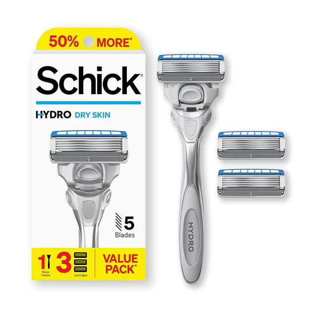 Schick Hydro Dry Skin Razor, 1 Razor Handle and 3 Cartridges | Razors for Men, 5 Blade Razor Men, Mens Razors for Shaving, Razor Blades for Men, 1 Handle with 3 Razor Blades Refills