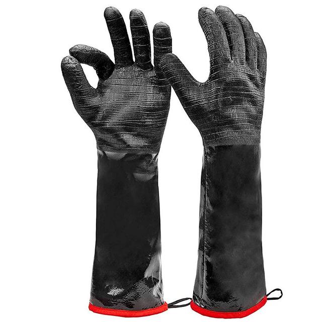 Heat Resistant BBQ Gloves, Long Sleeve Grill Gloves, Textured Gripto Handle Wet, Geasy or Oily Foods Fire and Food Safe Turkey Fryer Grill Oven Mitts for Smoker, Grilling and Barbecue Extra Large 18"