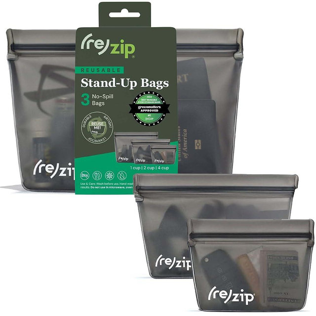(re) zip 3-Piece Stand-Up Reusable Bag Kit | BPA-Free, Food Grade, Leakproof, Travel Friendly, Freezer and Dishwasher Safe | Quart (1), 2-Cup (1), Snack Size (1) | Solid Gray