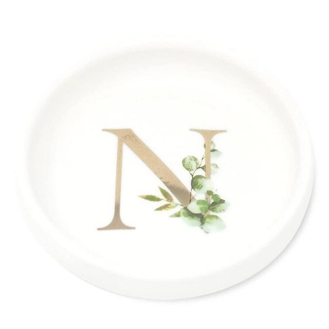 Cedar and Ink Ring Dish with Personalized N in Gold Foil & Greenery, Monogrammed Jewelry Dish, Accessories & Wedding Ring Holder, Dressing Table Tray