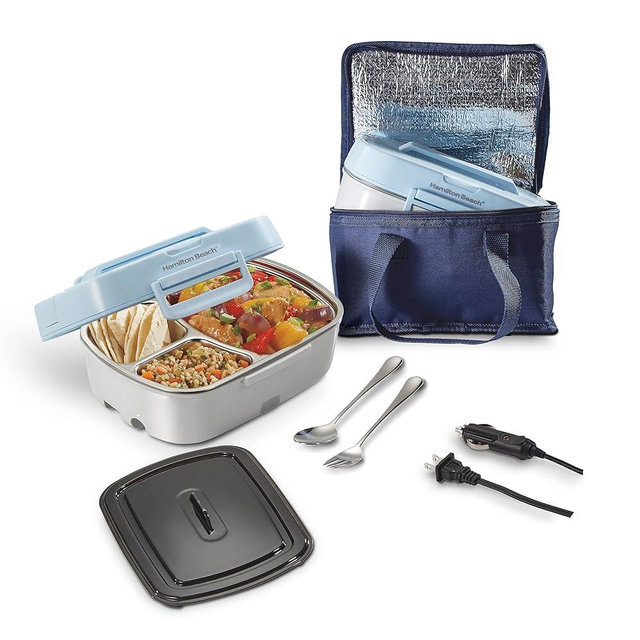 Hamilton Beach Portable Electric Lunch Box Food Warmer for Office & Car with 12V Adapter, 120V Plug, Stainless Steel 3 Compartment Tray, Insulated Carrying Bag, Fork & Spoon, Blue (33105)