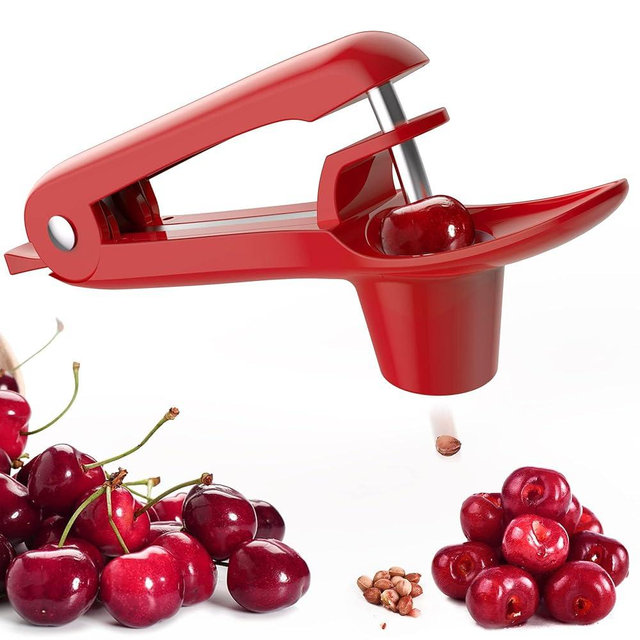 Cherry Pitter - Ordekcity Stainless Steel Cherries Corer Pitter Tool with Hand-held Push Design, Save Time & Space for Making Cherry Jam with Lock Design(Red)