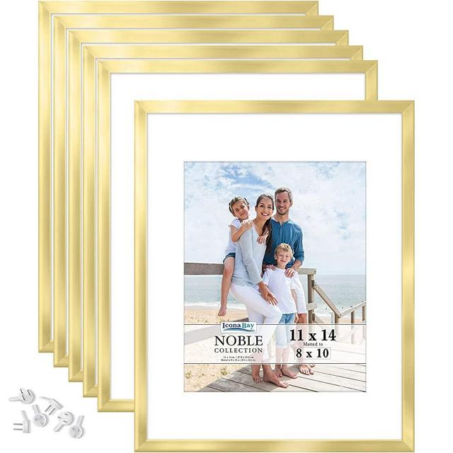 Icona Bay 11x14 Picture Frames w/Mat (Gold, 6 Pack), Modern Professional Frame Set, Wall Mount Only, Noble Collection