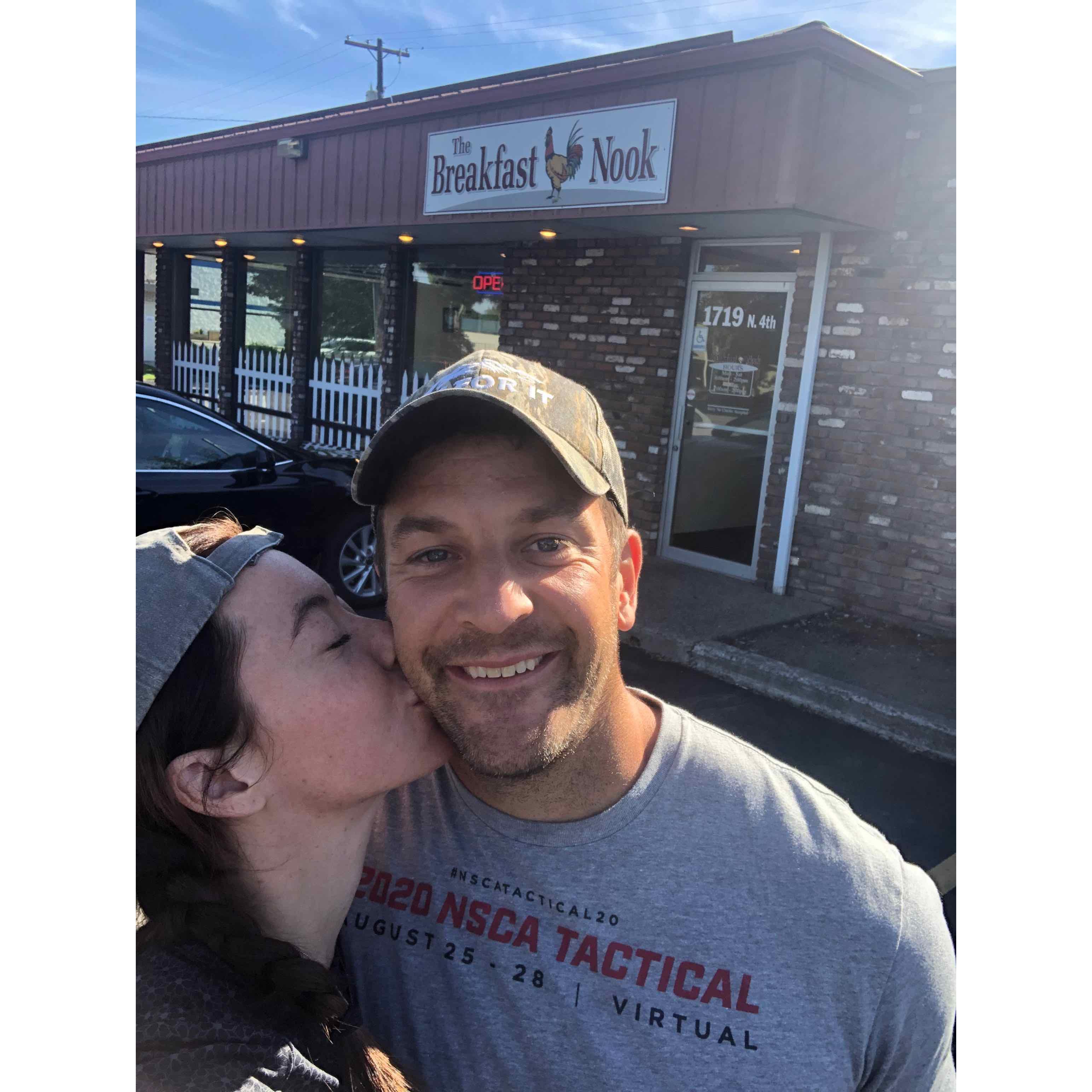 Our first real date in a restaurant... and we were already engaged! :) We spent it reviewing our notes from our first pre-marital counseling session with our Pastor, John.