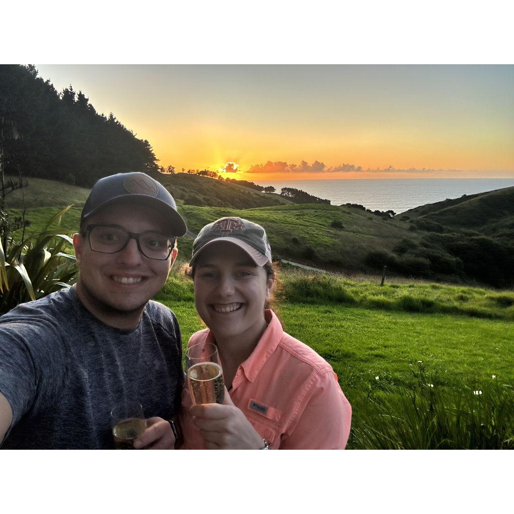 On our way to Australia, we stopped in New Zealand. One night, we stayed at a tiny surfing town and spent the night in a converted bus. With pizza and champagne, this was one of our favorite memories.