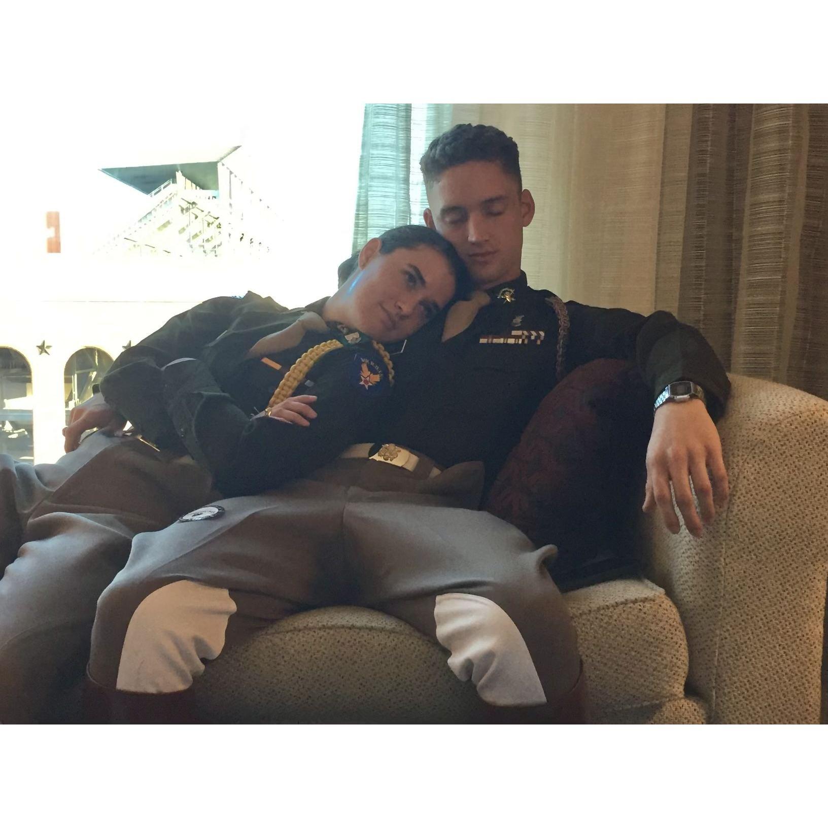 This sweet photo of us was taken by Nathan's mom right after Nathan picked up his Aggie gold from Kyle Field (which you can barely discern out the window behind us).