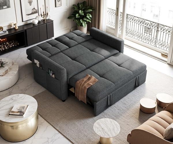 DWVO 55" Convertible Sofa Bed, 3-in-1 Sleeper Sofa with Pull-Out Bed, Linen Futon Couch with Adjustable Backrest and Side Pocket, Modern Loveseat for Living Room Apartment, Grey