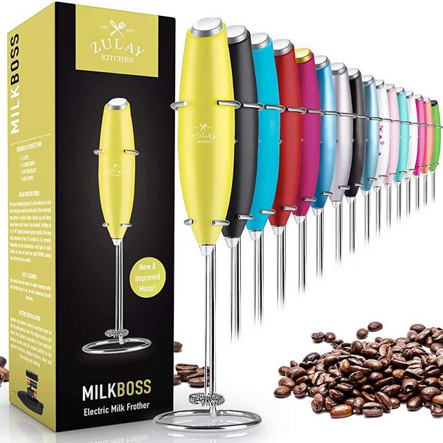Zulay Original Milk Frother Handheld Foam Maker for Lattes - Whisk Drink Mixer for Bulletproof® Coffee, Mini Foamer for Cappuccino, Frappe, Matcha, Hot Chocolate by Milk Boss (Sunshine)