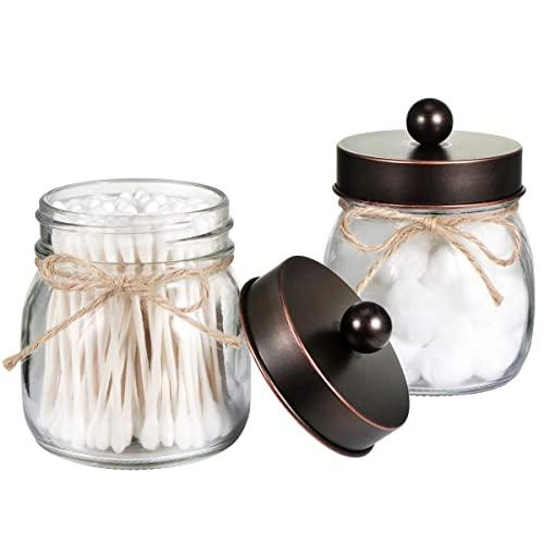 Mason Jar Bathroom Storage Organizer - Oil Rubbed Bronze - Rustic Farmhouse Decor Bathroom Accessories - Qtip Holder Dispenser Glass Apothecary Jars for Qtips,Cotton Swabs,Ball,Flossers (2 Pack)