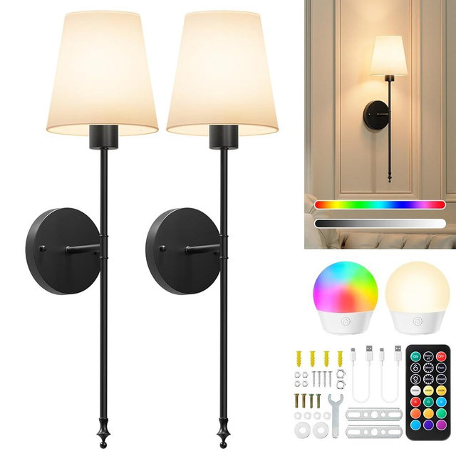 Brightown Battery Operated Wall Sconces Set of 2, Cordless Wall Lights with Rechargeable Bulbs and Remote, 12 Lighting Colors and Dimmable, Battery Powered Wall Lights for Bedroom Living Room, Black