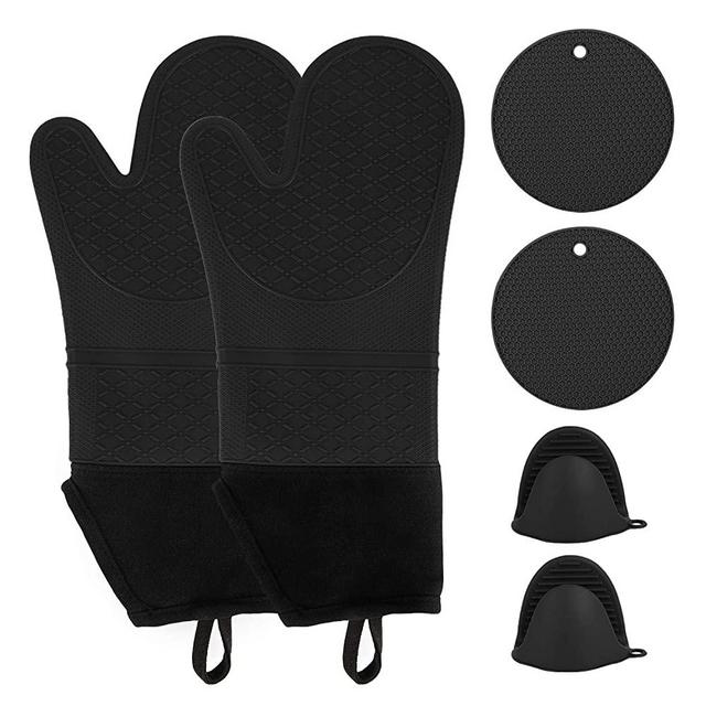 WELLVO 6 Pack Extra Long Oven Mitts and Pot Holders Set 500℉ Heat Resistant Food Grade Silicone Non-Slip Gloves Potholders Pads for Cooking Baking BBQ(Black)
