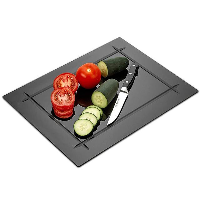 Tempered Black Glass Cutting Board with Grove Around the board 12 x 16 Inch - Scratch, Heat, Shatter Resistant, Dishwasher Safe – Decorative Tray (Black)