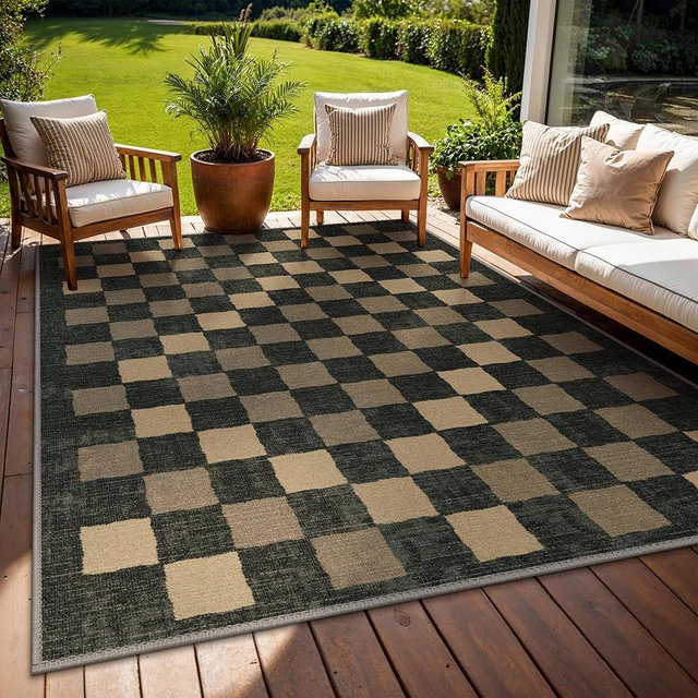 GENIMO Indoor Outdoor Area Rug 5'x7', Waterproof Geometric Outside Carpet, Non Shedding, Easy Cleaning, Camping Mat for Living Room, Patio, Balcony, Bedroom, Deck, Dining Room, RV, Black & Brown