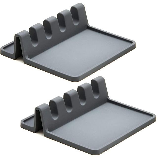 2 PACK Grey Silicone Spoon holder for Stove Top with Drip Pad (Two Pack) - Heat Resistant, BPA Free Utensil Rest & Spoon Rest for Kitchen Counter - Grill Utensil Holder for Spatulas, Tongs, Ladles