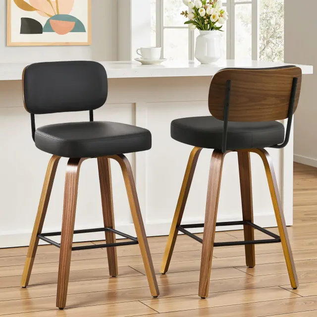 Bekrvio 26" Swivel Counter Height Barstools Set of 2- Upholstered Faux Leather Kitchen Island Counter Stools with Backs, Bentwood Legs, Black