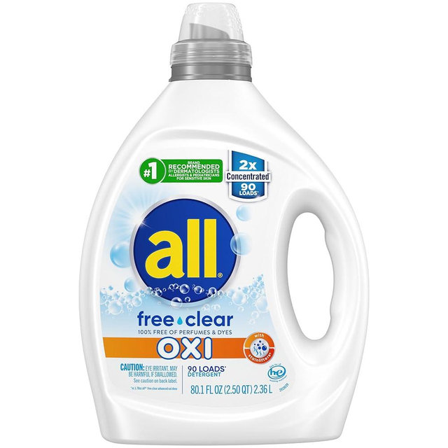 All Liquid Laundry Detergent, Free Clear for Sensitive Skin with OXI, Unscented and Hypoallergenic, 2X Concentrated, 90 Loads