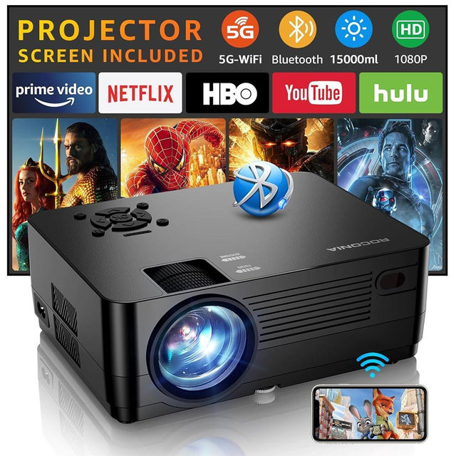 Projector with 5G WiFi and Bluetooth, Native 1080P Projector[Projector Screen Included], Full HD 15000LM Movie Projector, 300" Display Support 4k Home Theater, Compatible with Phone/Laptop/TV Stick