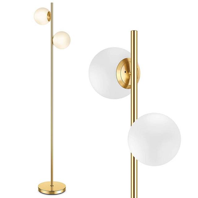 Mid Century Modern 2 Frosted Glass Globe Floor Lamp for Living Room,Contemporary LED Standing Light, Gold Corner Pole Lamp for Office Bedroom, Study Room, Hotel, Antique Brass Standing lighting