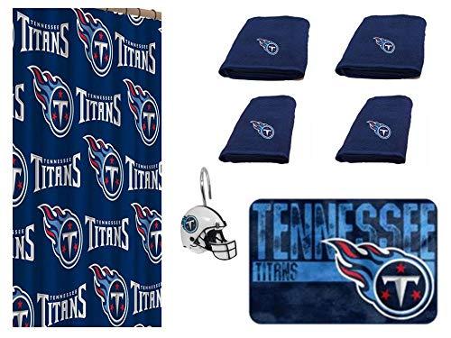 NFL Tennessee Titans 18 Piece Bath Ensemble: Set Includes 1 Shower Curtain, 12 Shower Hooks, 2 Bath Towels, 2 Hand Towels, and 1 Bath mat