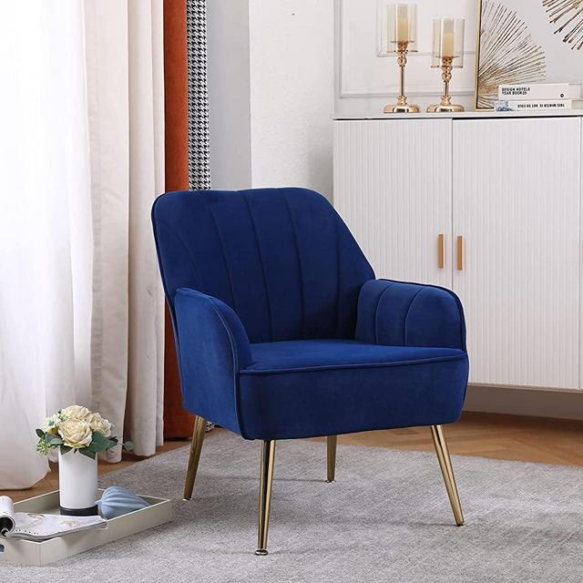 Goujxcy Modern Accent Chair, Velvet Living Room Chair, Club Chair Upholstered Tufted Decorative Reading Chair, Corner Side Chair, Vanity Chair for Bedroom, Living Room (Navy Blue)
