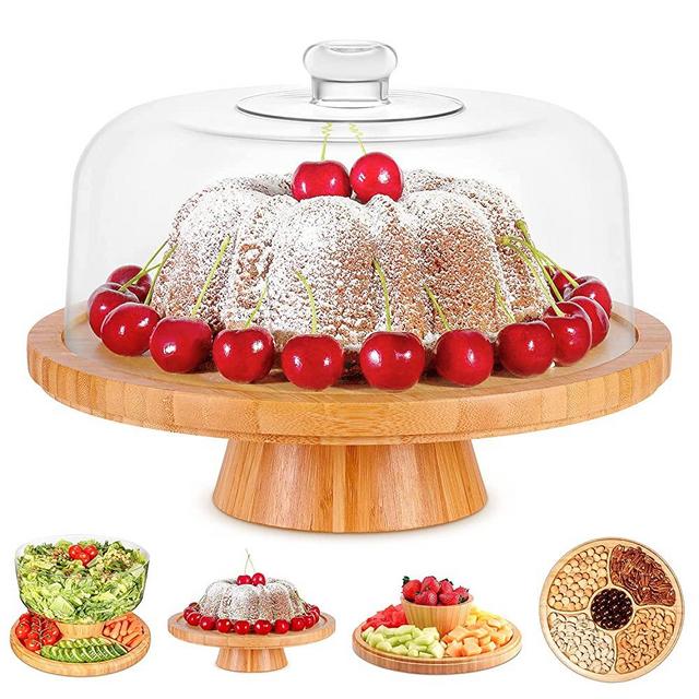 Bamboo Cake Stand with Clear Acrylic Dome Cover - 6-in-1 Multifunctional Cake Holder, Serving Platter, Salad Bowl, Punch Bowl, Veggie Stand, Snack Tray - Extra Large Cake Platter, 12.8 x 12.5 x 6.8”