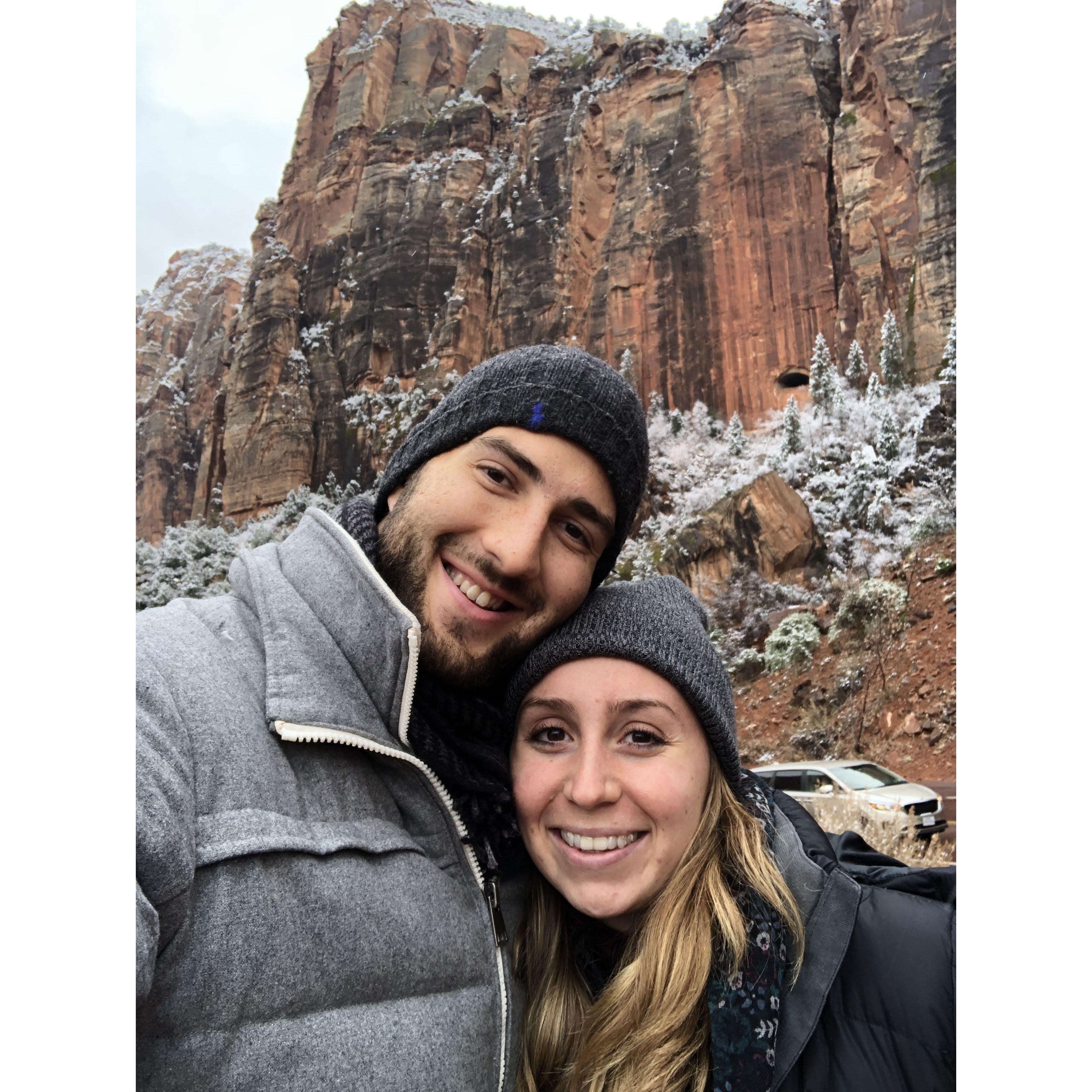 Us enjoying the views in Zion National Park during our winter road trip. Dec 2019
