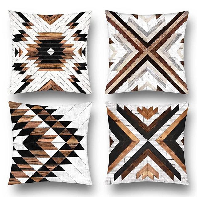 Decorative Throw Pillow Covers Accent Outdoor Brown White Pillow Covers Geometric Wooden Set of 4 Rustic Farmhouse Modern Square Pillowcase Home Decor for Patio,Sofa,Couch,Bed 18x18 inches