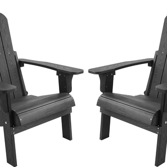hOmeHua Folding Adirondack Chairs Set of 2, Outdoor Patio Weather Resistant Chair, Imitation Wood Stripes, Easy to Fold Move & Maintain, Plastic Chair for Backyard Deck, Garden & Lawn Porch - Black