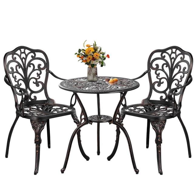 PATIO-IN 3 Piece Cast Aluminum Bistro Set, Bronze Bistro Table and Chairs Set of 2, 3 Piece Patio Furniture Set with 1.97" Umbrella Hole for Backyard, Balcony, Deck
