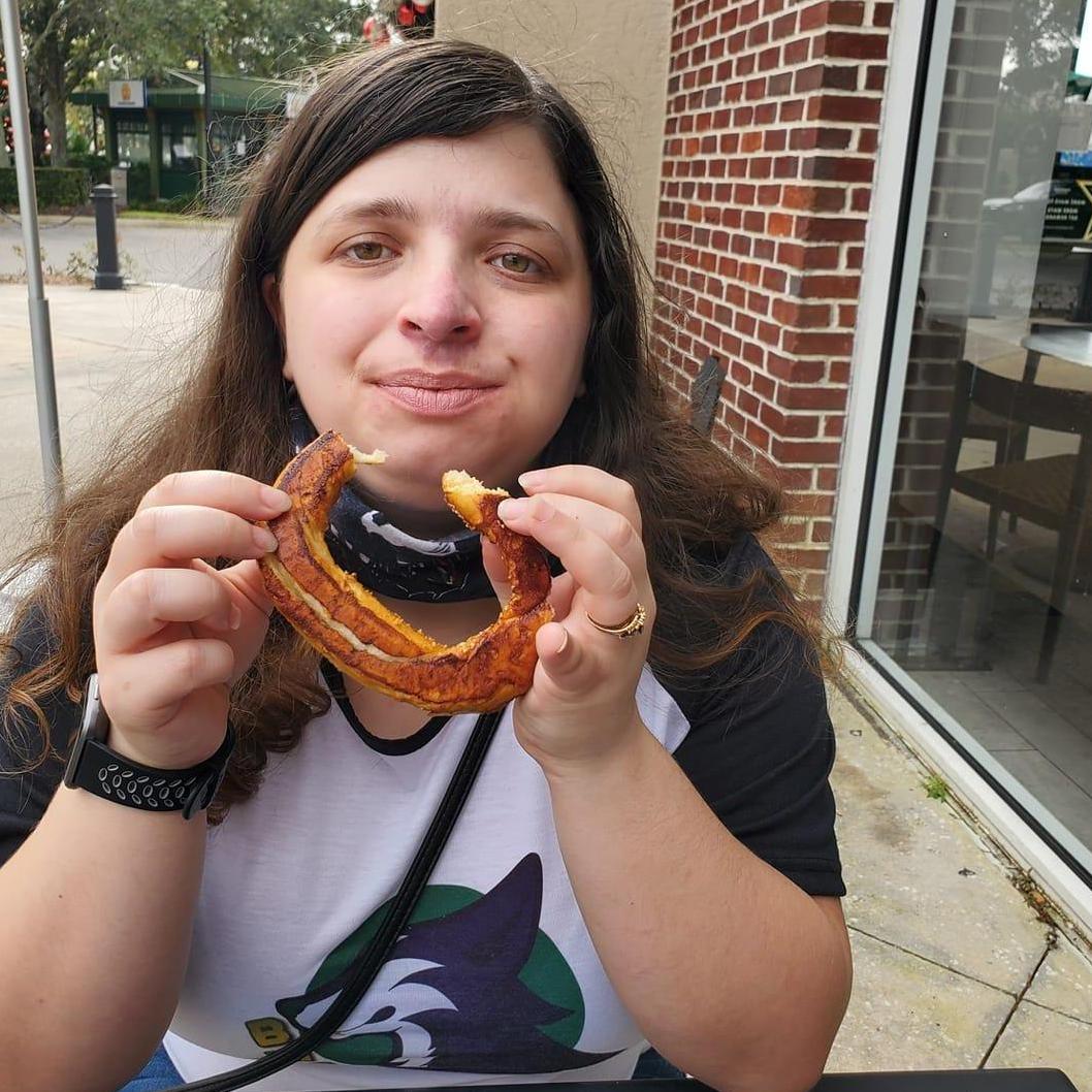 Christina enjoying a sweet and salty pretzel at Jacksonville's St. John's Town Center.