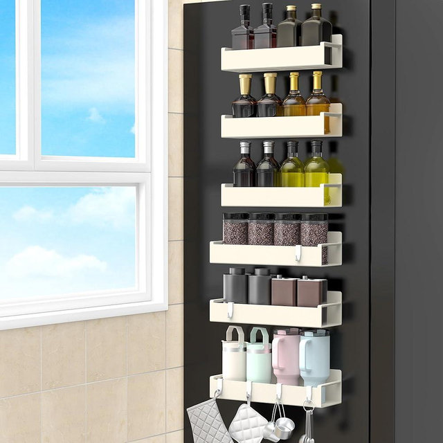 HuggieGems 6 Pack Magnetic Spice Storage Rack Organizer for Refrigerator and Oven, ABS Cream White Fridge Organizers and Storage