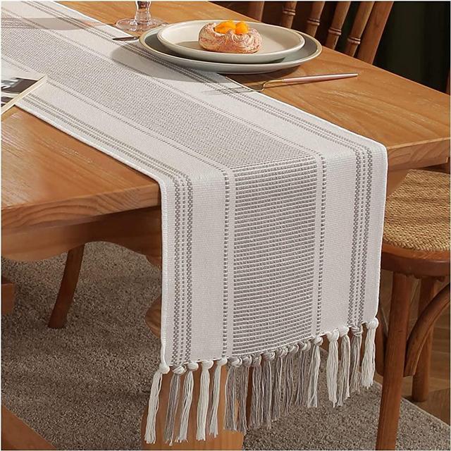 Caflife Boho Table Runner Natural Stripe for Modern Farmhouse Coffee Table Decor, Rustic Woven Runner with Handcrafted Tassels for Home Dining Table décor 13 x 72 Inch Long