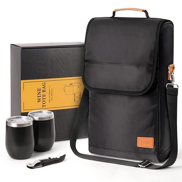 Philiva 3 Bottle Travel Wine Carrier, Wine Tote Bag with 2 Premium Insulated Wine Cups & Opener, Wine Gifts for Men/Women for Travel/Picnic/Beach/Pool/Events/Hiking