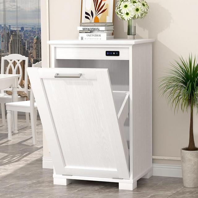 Ymise Tilt Out Trash Cabinet, 10-Gallon Trash Can Cabinet with Deodorising Function, Wooden Freestanding Garbage Can Cabinet for Home and Kitchen Hidden Laundry Hamper Cabinet, White