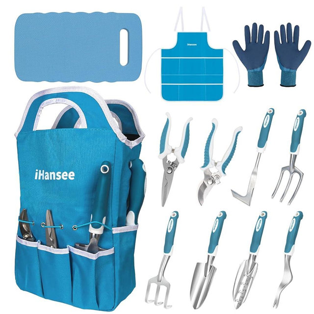 Blue Garden Tool Sets 12-Piece, Aluminum Gardening Hand Tools w/Ergonomic Handle, Garden Supplies Organizer Handbag, Kneeling Pad, Apron and Gloves, Gift for Women, Garden Starter Kit for Women