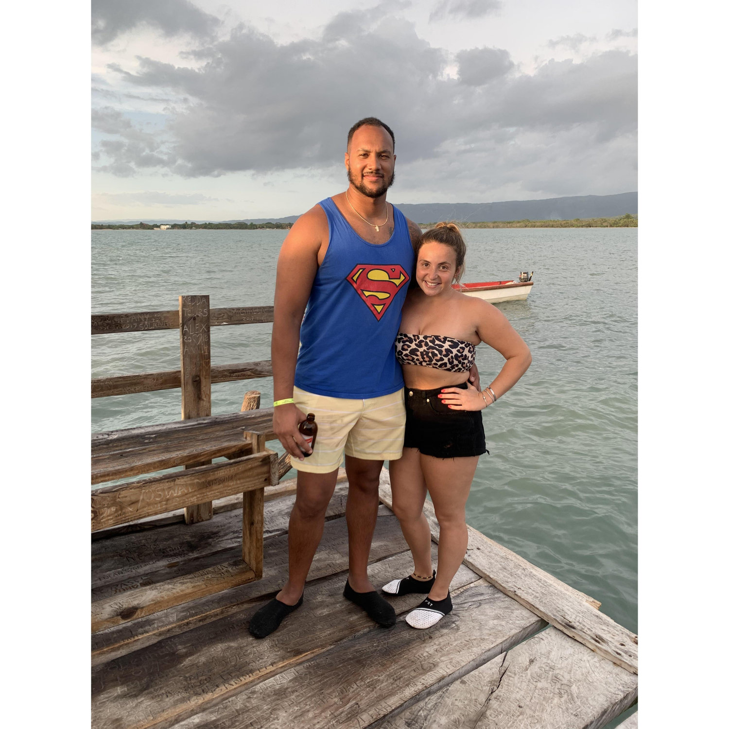 Pelican bar in Jamaica, where we engraved Jenna's name into the bar next to Devon's.