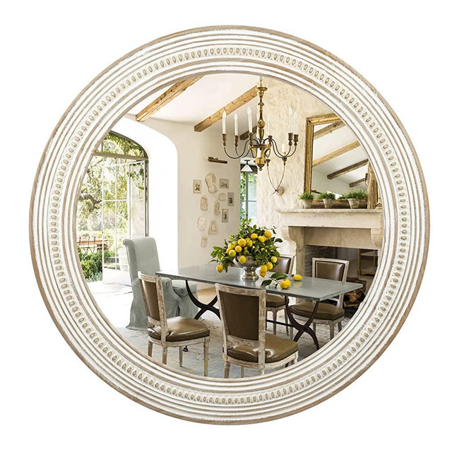 Reflinto 24" Round Decorative Wall Hanging Mirror, Rustic Distressed Natural Wooden Farmhouse Frame Decor with White Wash Beads line for Bedroom, Bathroom, Living Room or Entryway