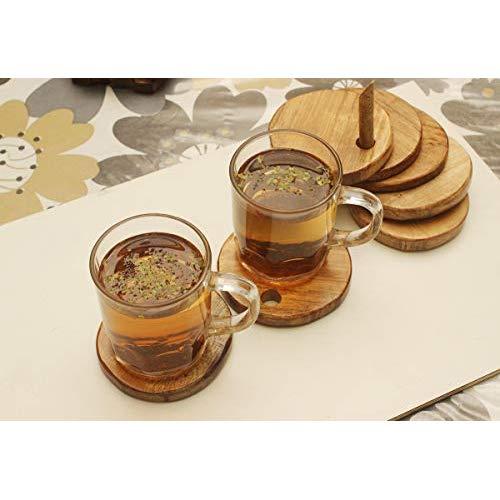 Crafkart Natural Wood Set of 6 Coaster Set - Drink Coaster with Round Holder for Office Home and Desk