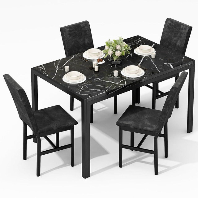 AWQM Products 5-Piece Marble Dining Set, Modern Kitchen Table and Chairs for Dining Room, Compact Space Saving Furniture, Dinette, 4 Upholstered Velvet Chairs - Black