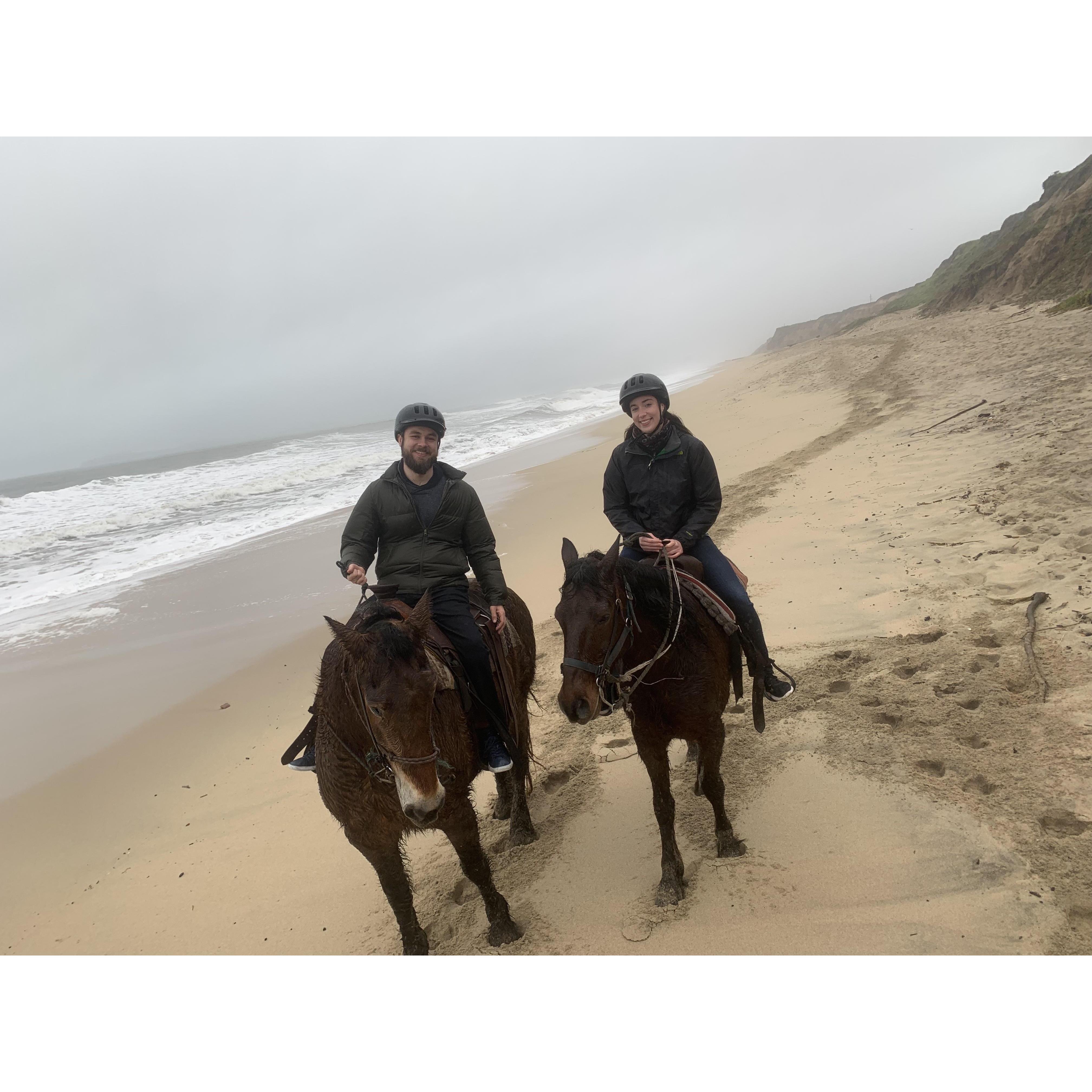 On a rainy morning horseback ride in Half Moon Bay