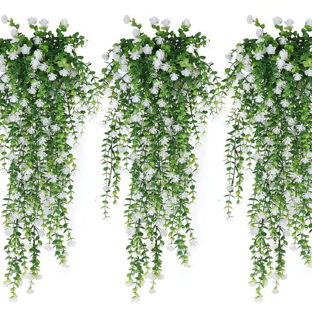 RECUTMS Artificial Hanging Plants Fake Hanging Plant Faux Eucalyptus Leaf Greenery Vine Outdoor UV Resistant Plastic Plants Home Garden Wedding Party Indoor Outdoor Decorations(White)