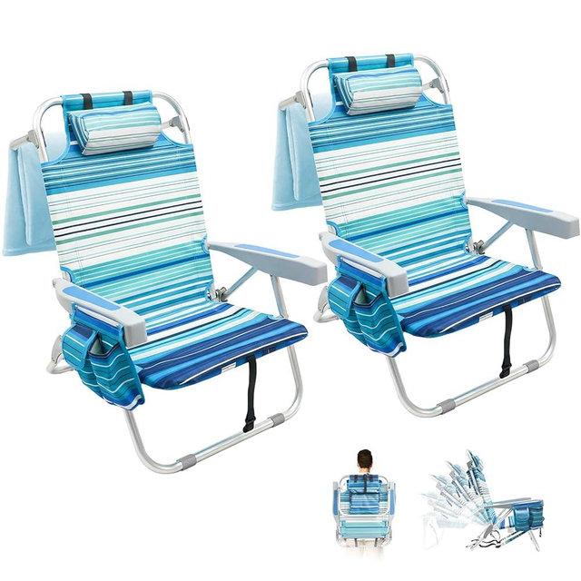 2 Pack Folding Backpack Beach Chairs for Adults, 5-Position Aluminum Lightweight Reclining Beach Chair, Low Sands Compact Chairs with Cup Holder & Headrest for Lawn Patio Poolside,Supports 300lbs