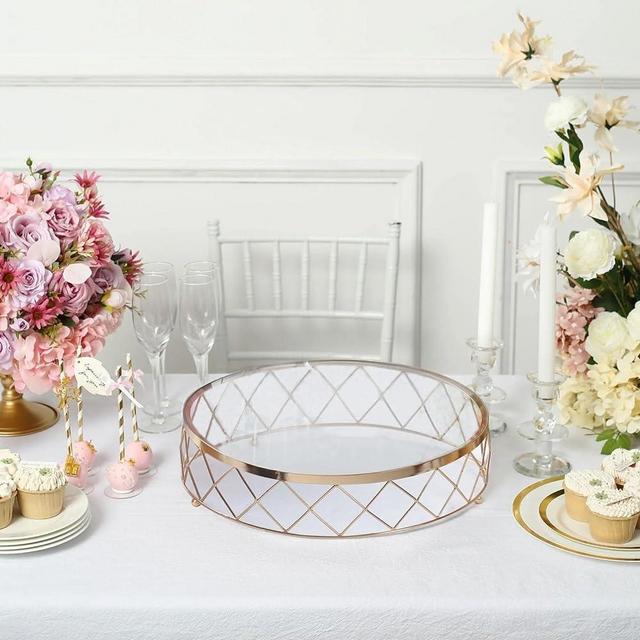 Efavormart 16" Round Metal Geometric Cake Stand Cake Riser with Glass Top Glossy Metallic Finish for Dessert Cupcake Pastry Candy Display Plate Event, Birthday Party