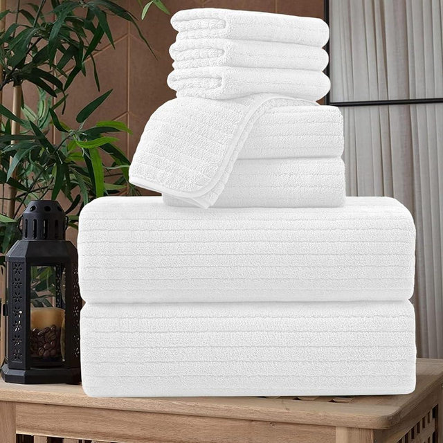 8 Pcs White Stripe Large Bath Towels Set Oversized Bath Sheet 2 Bathroom Towels,2 Hand Towels,4 Washcloths Soft Jumbo Towels Absorbent Shower Towel Quick Dry Beach Chair Towel Spa Gym Hotel Towel Set