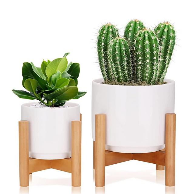 Set 2 Mid Century Plant Stands with 5 In & 7 In Dia Plant Pots Indoor, Modern Flower Pots with Drainage, Ceramic Planter with Stand for House Plant, Home Decor, Outdoor Garden